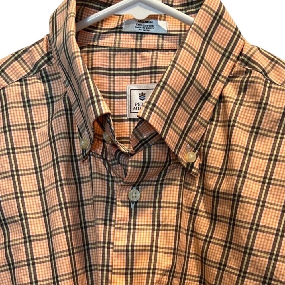Peter Millar Button Down Shirt‎ Medium Men's Orange Tan Plaid Long Sleeve Cotton